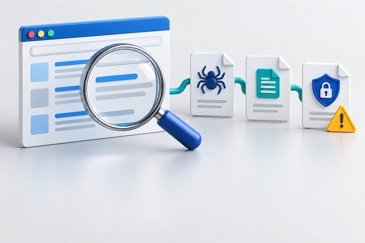 A magnifying glass inspects a website and connected diagnostic documents