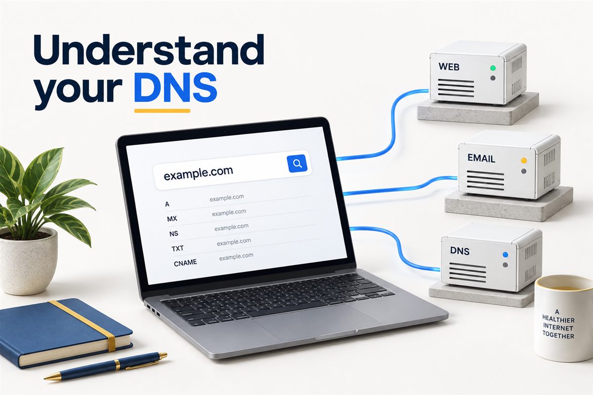 Illustration of a domain connecting to website, email and DNS services
