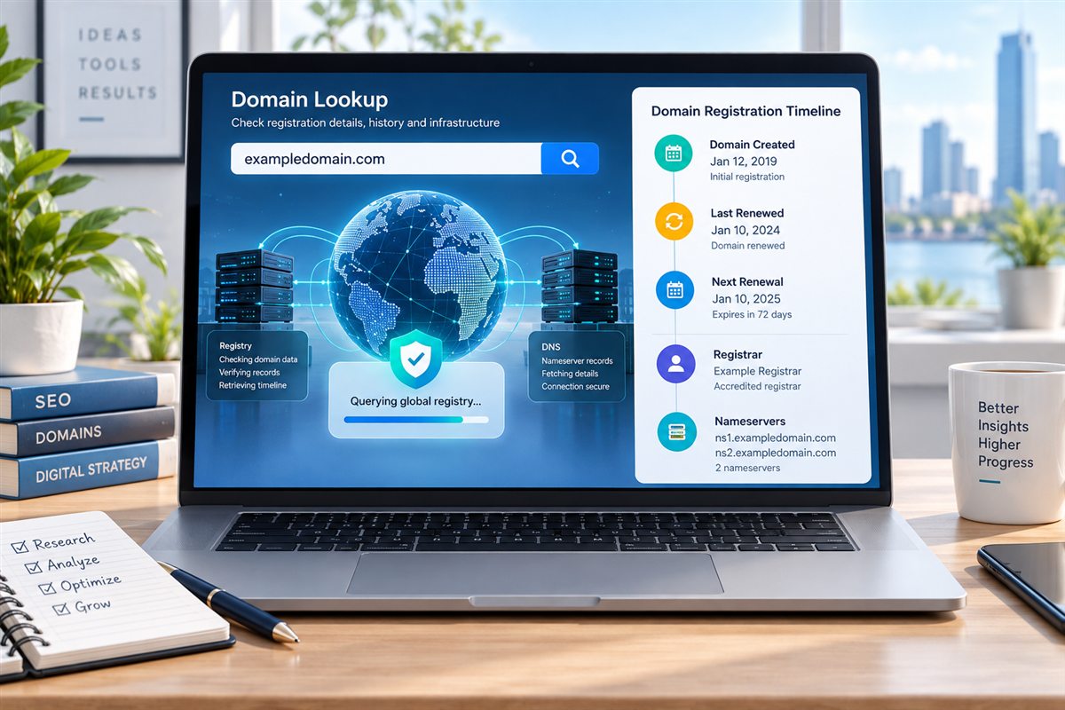 A domain registry lookup showing registration dates, registrar and nameserver details