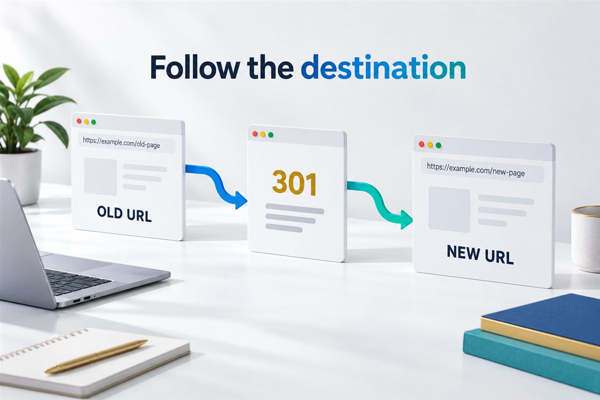 An old page address routes through a 301 redirect to its new destination
