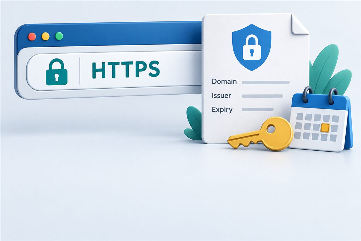An HTTPS connection beside a certificate with domain, issuer and expiry information