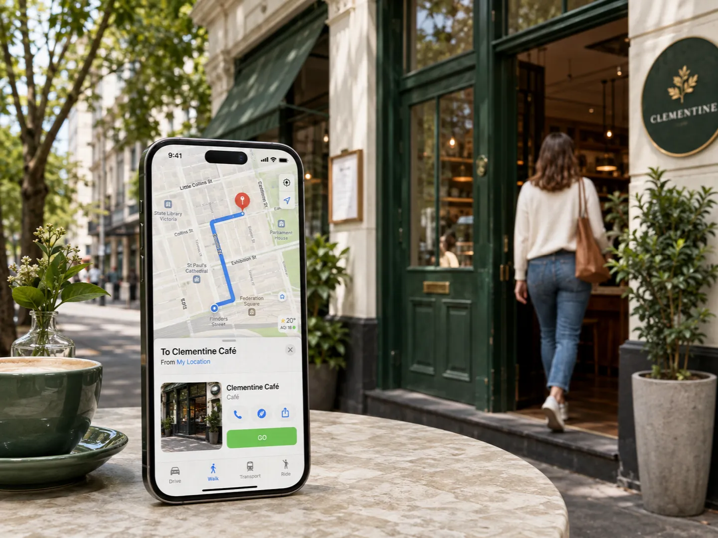 Apple Maps route and cafe place card on a phone beside a cafe entrance