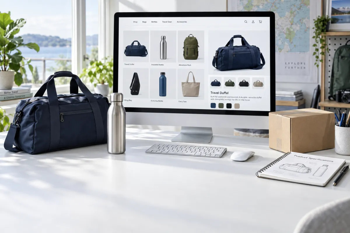 Ecommerce product catalogue on a desktop beside matching travel products and packaging