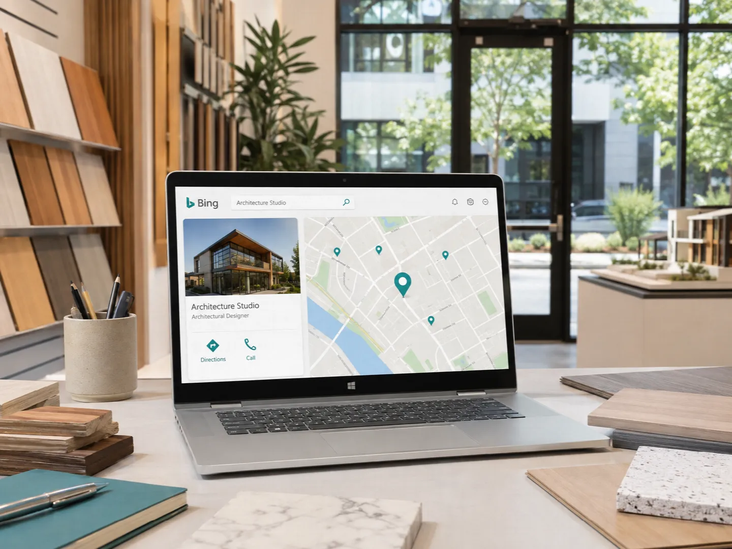 Bing business listing and map on a laptop in an architecture showroom
