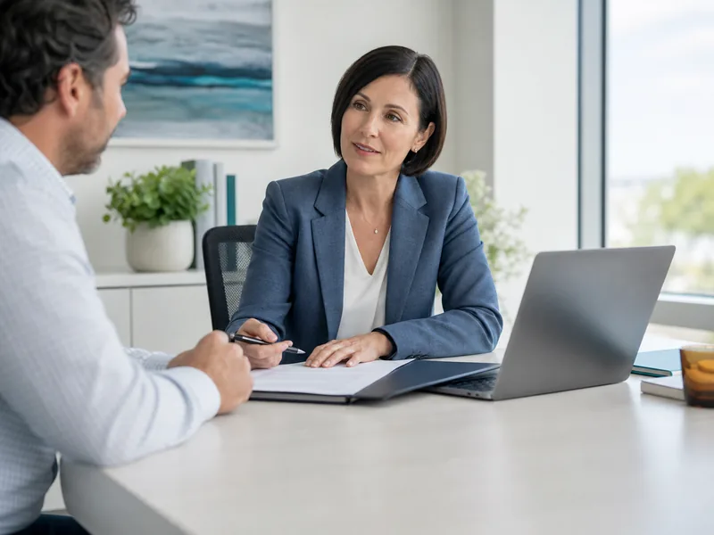 Financial planning professional discussing a service plan with a client
