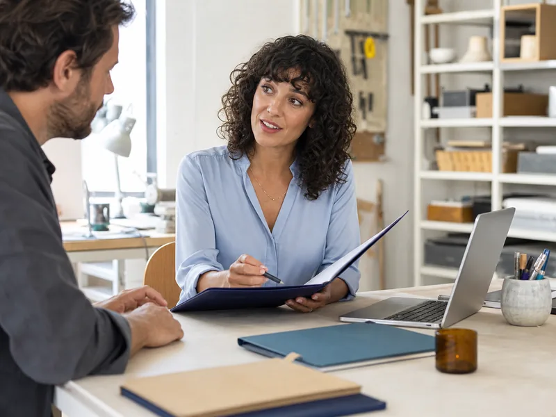 Insurance broker discussing business coverage with a workshop owner