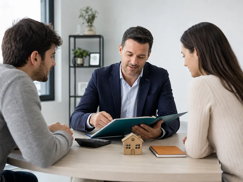 Mortgage broker reviewing home-financing paperwork with prospective borrowers