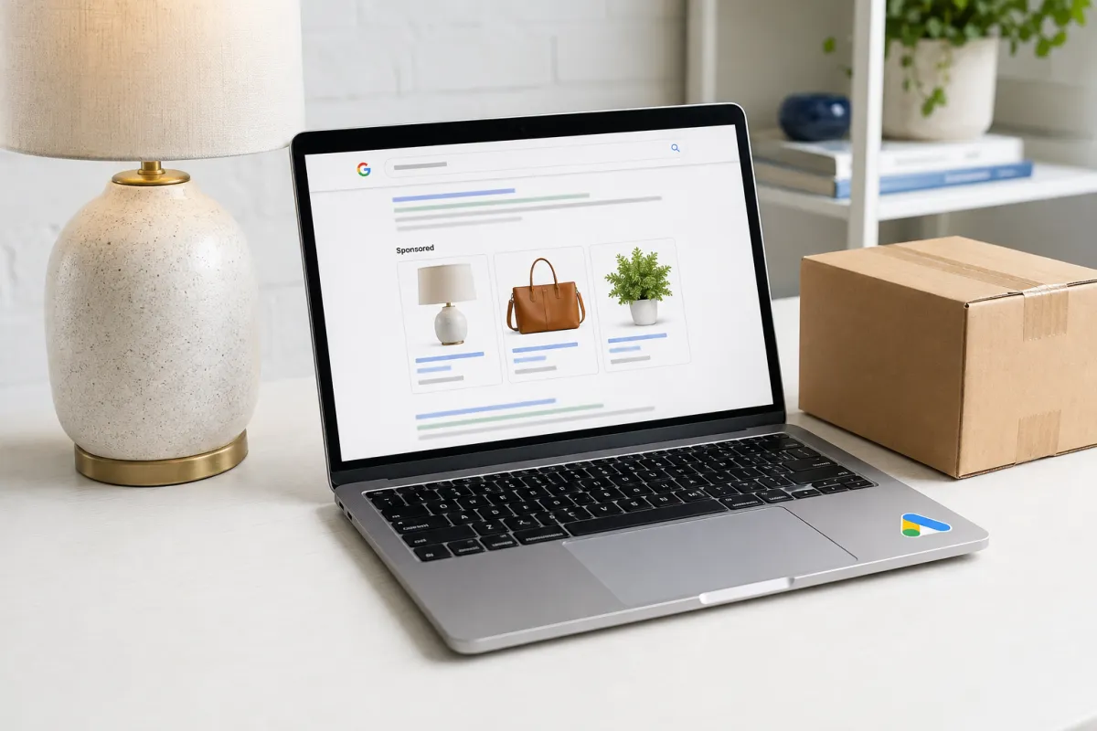 Laptop displaying product advertising beside retail products and a shipping box