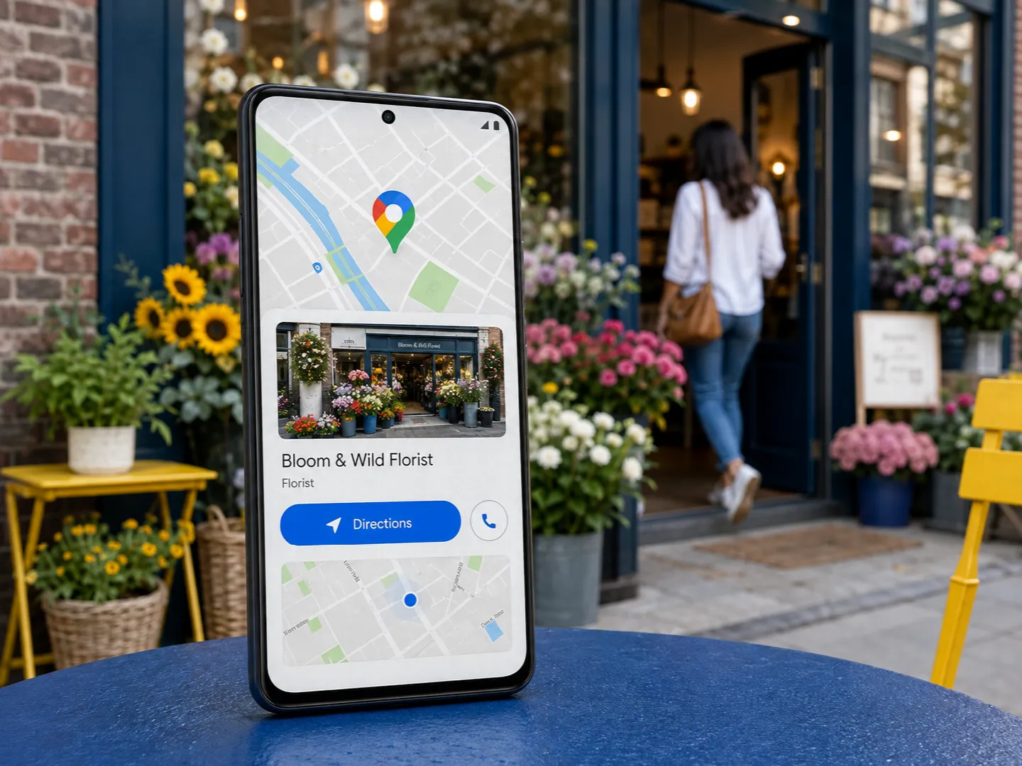 Google Maps place card and directions on a phone outside a florist