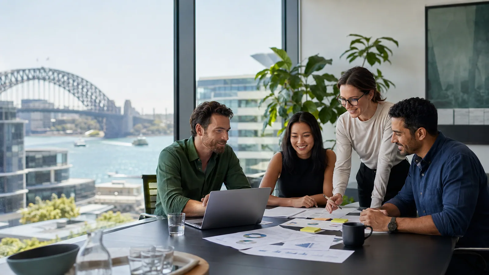 Australian business team reviewing search growth strategy in a Sydney harbour office