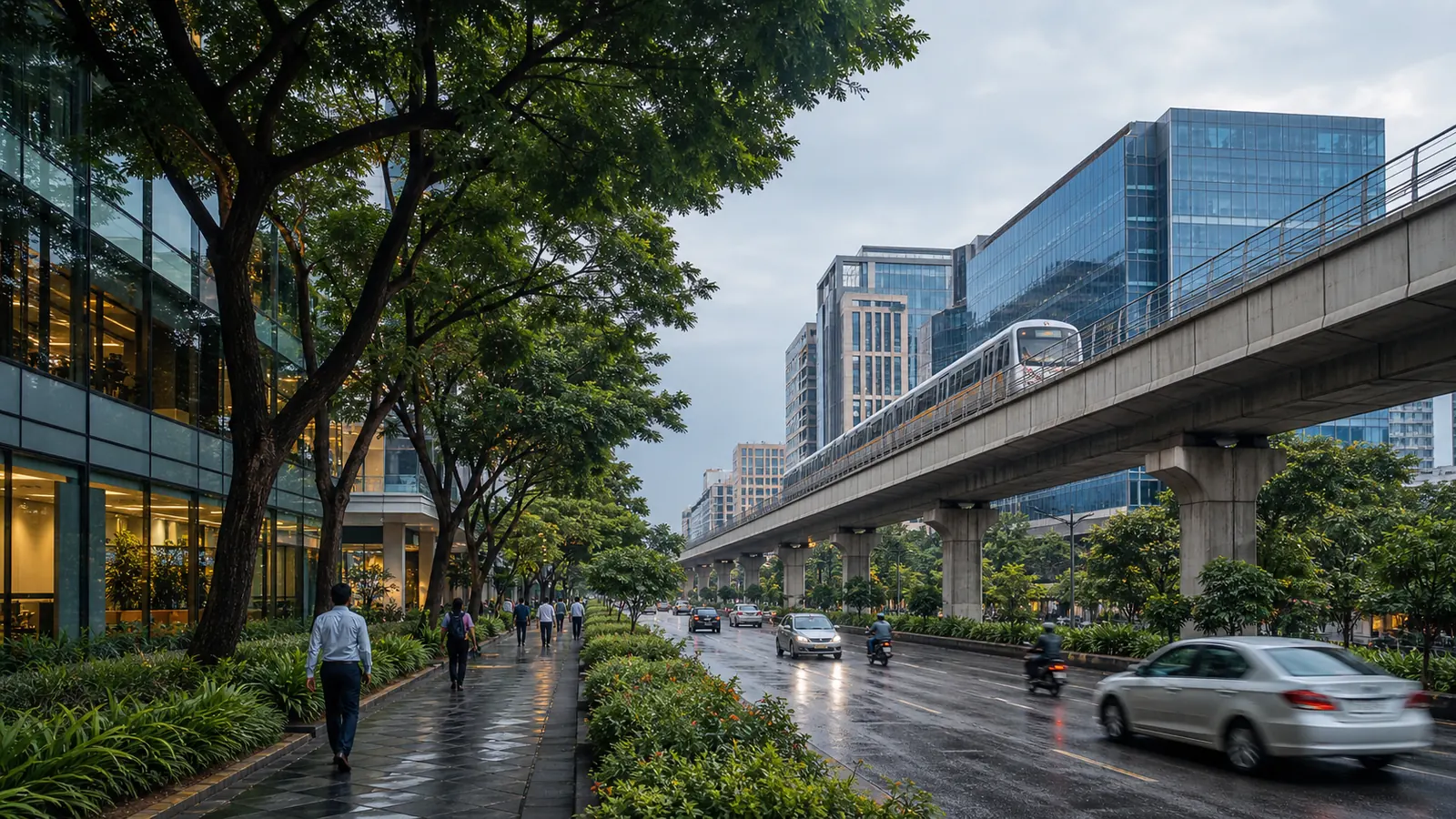 Modern Bengaluru technology and business corridor with offices, Metro infrastructure and tree-lined streets