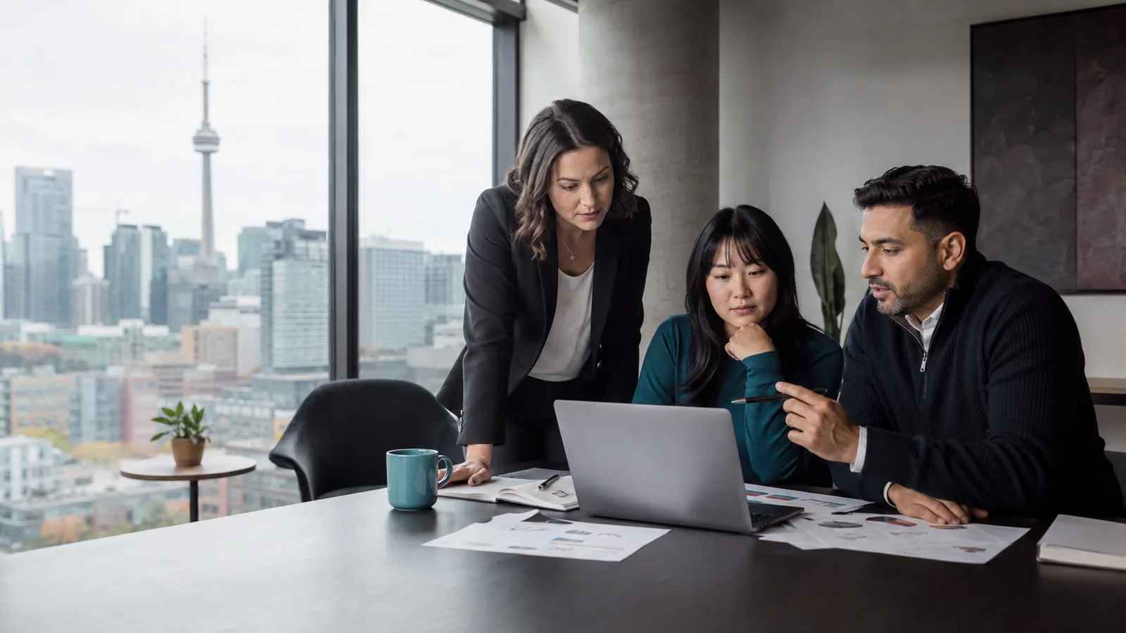 Canadian business team reviewing customer acquisition strategy in a Toronto office