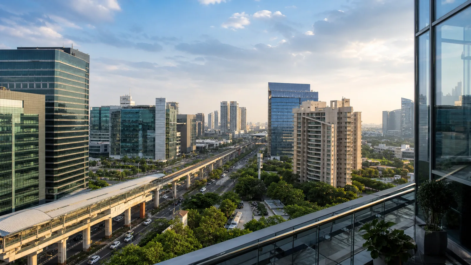 Modern Gurugram corporate district with glass offices, elevated transit and NCR skyline