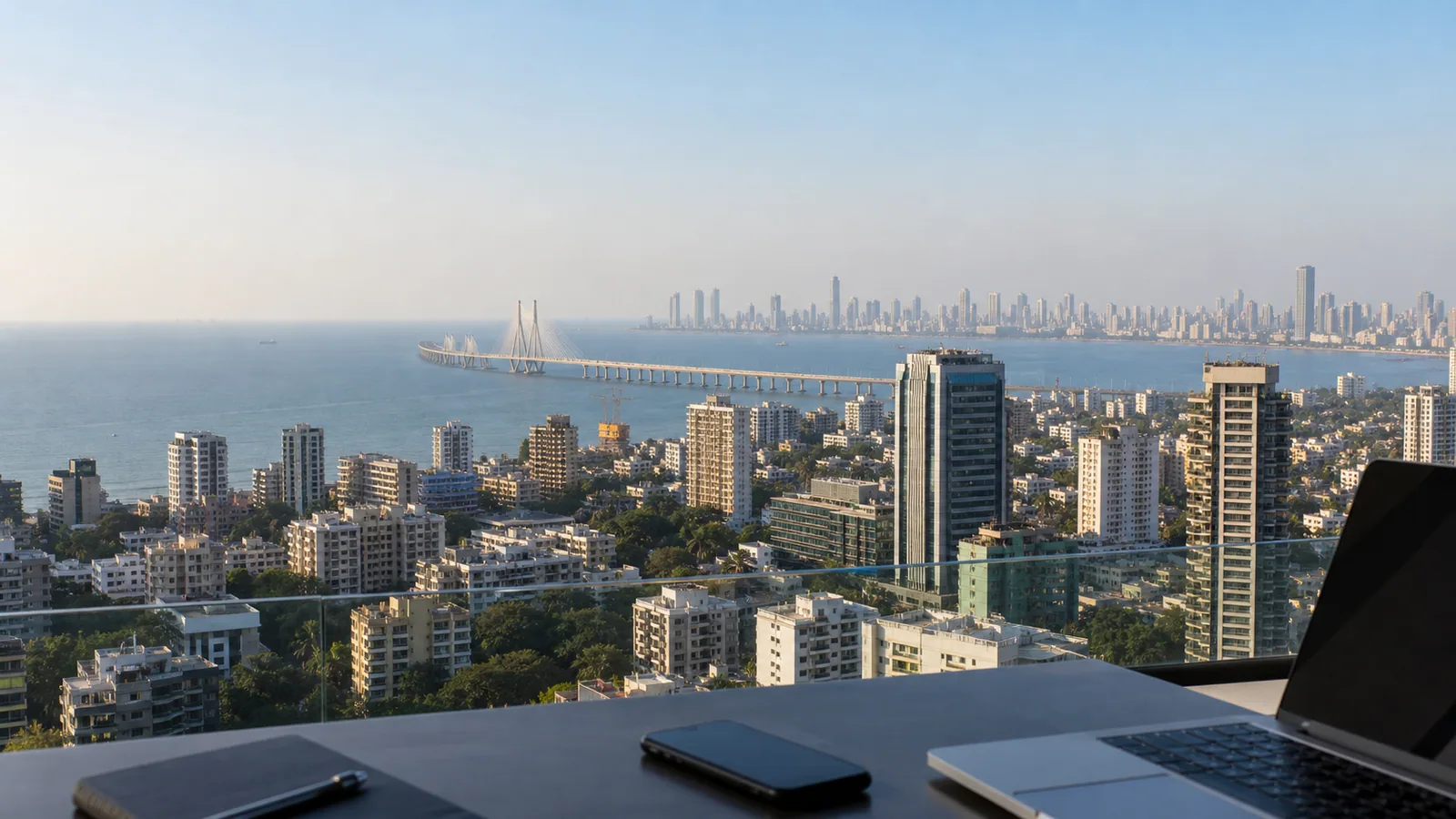 Mumbai coastal business district and Bandra-Worli Sea Link viewed from a modern workspace