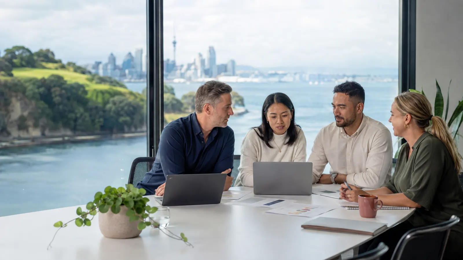 New Zealand business team reviewing customer demand in an Auckland waterfront office