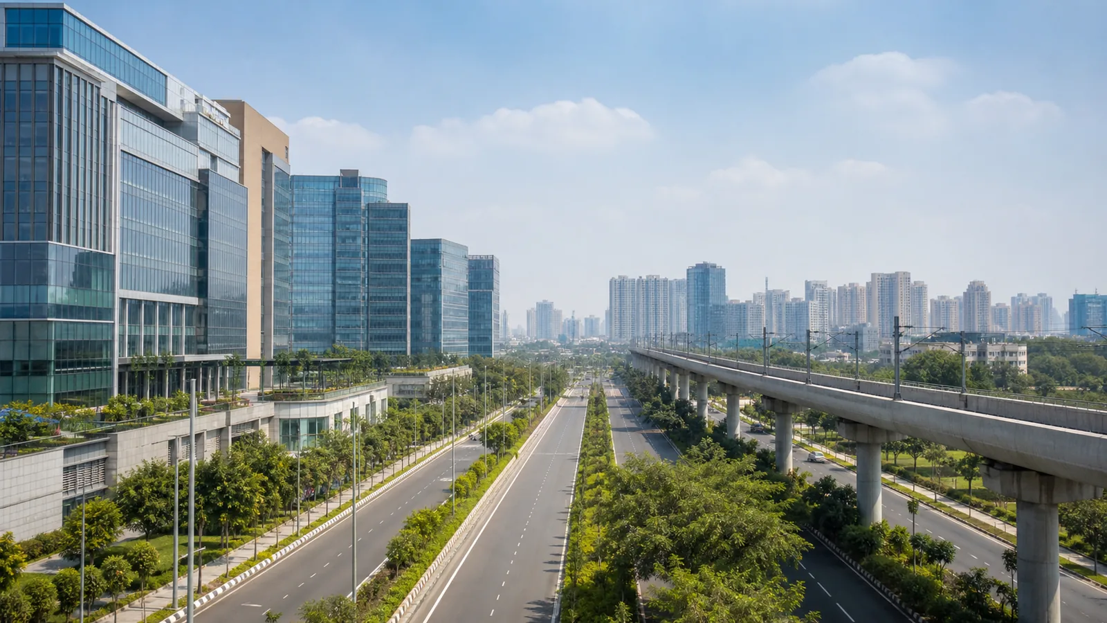 Modern Noida business corridor with technology offices, planned boulevard, elevated Metro and urban skyline