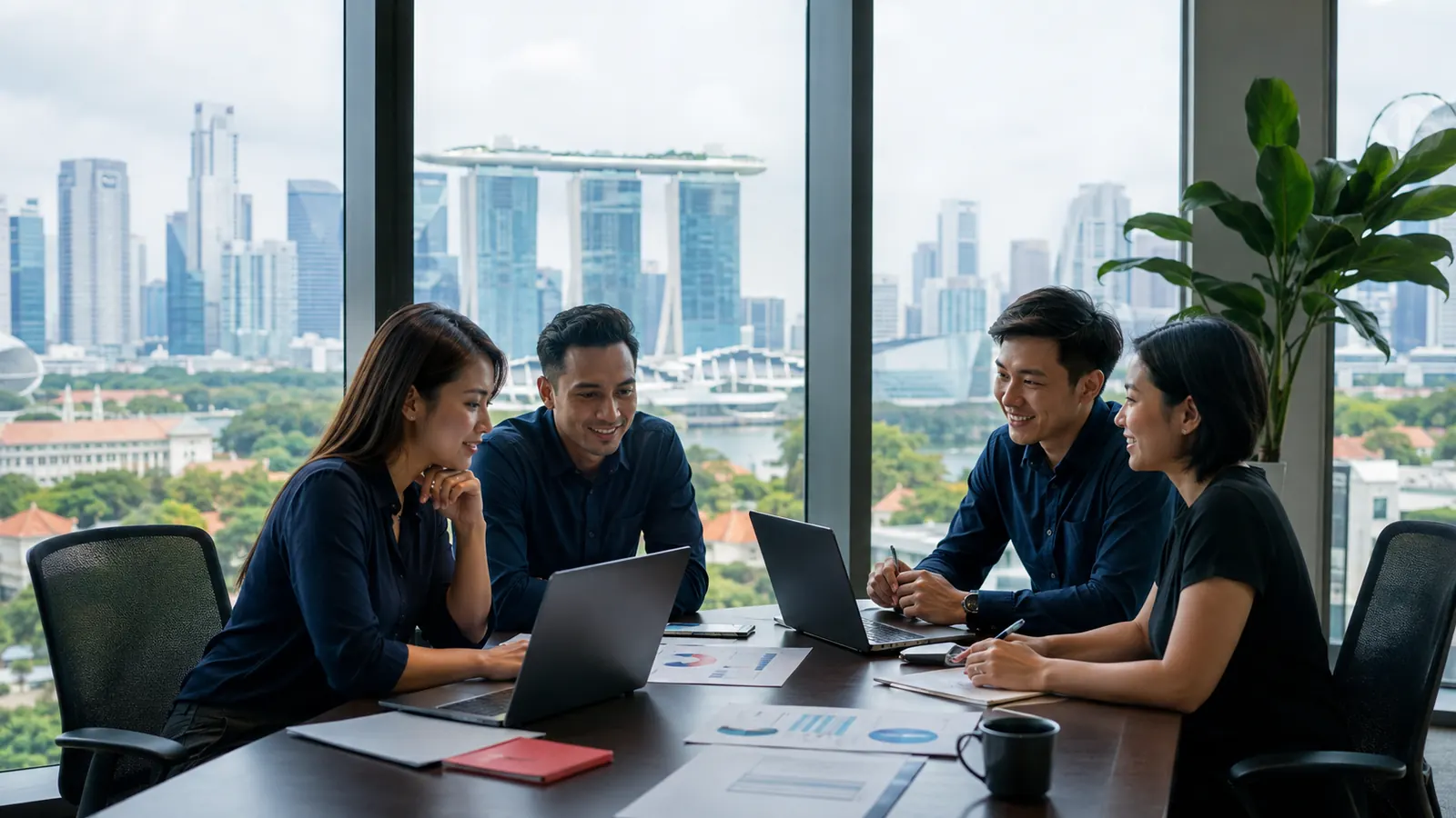 Singapore business team reviewing customer acquisition with the Marina Bay skyline behind them