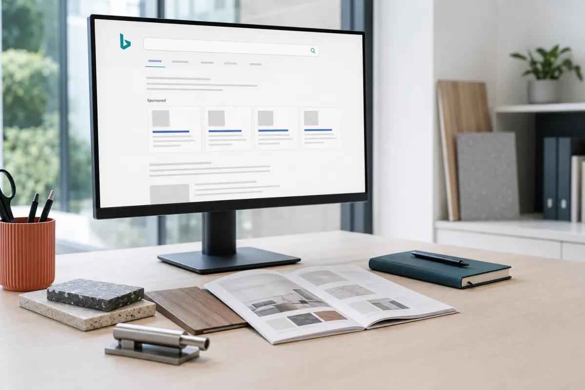 Desktop search workspace with supplier information and business product samples