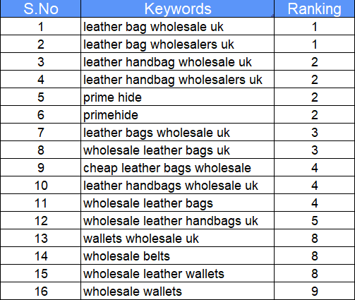 Supplied Prime Hide Leather keyword ranking table with 16 terms in positions 1 to 9