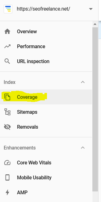 Historical Search Console navigation with Coverage highlighted