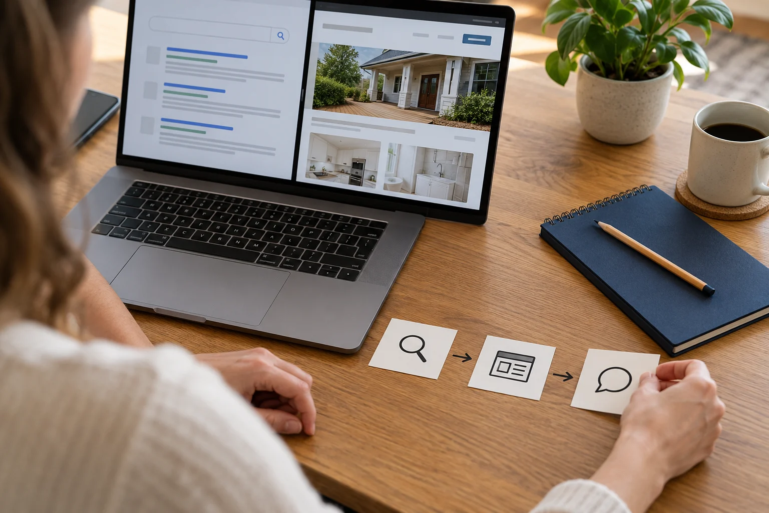 Illustrative workspace connecting a search question, a useful website page and an enquiry.