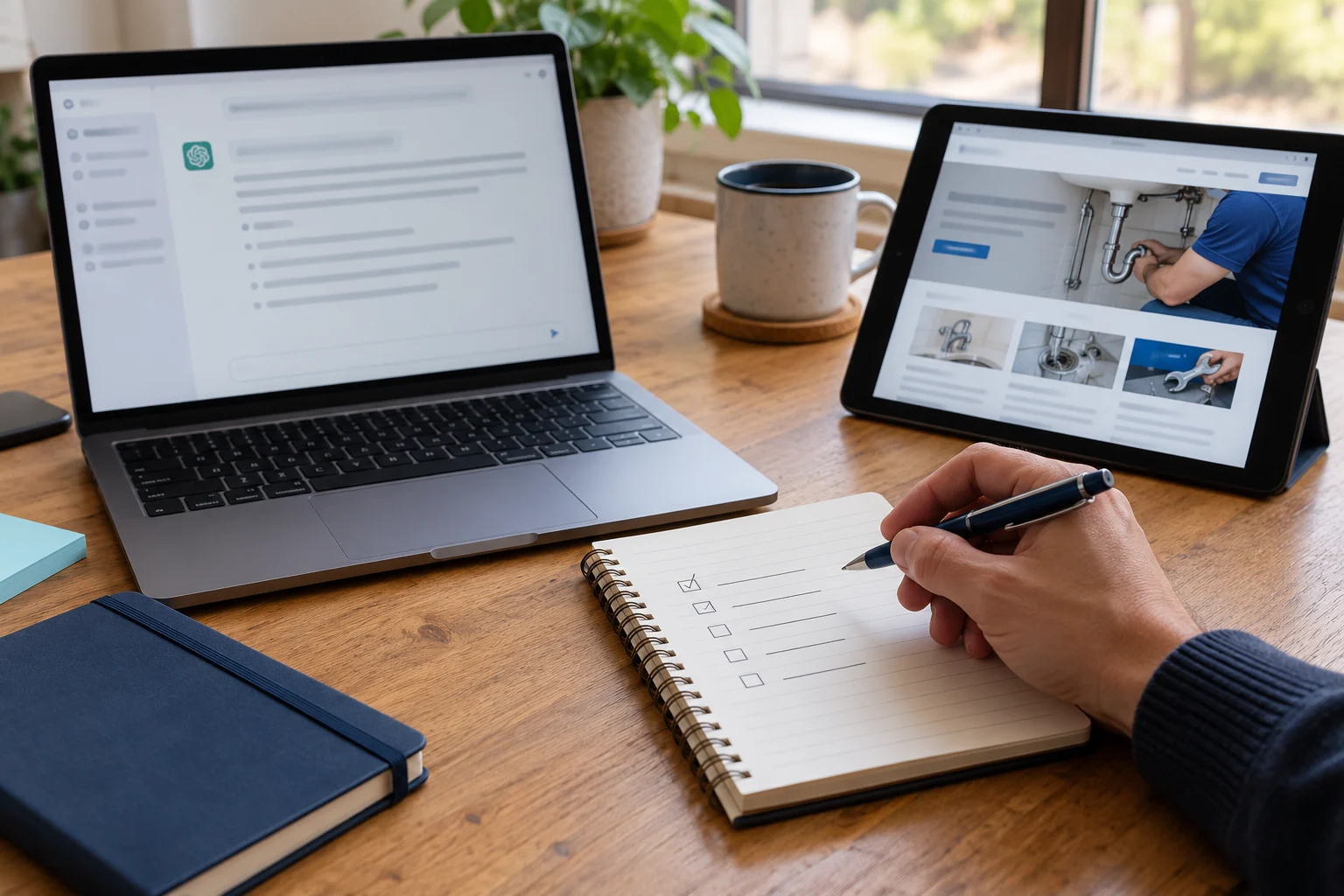 Illustrative workspace comparing an AI answer on a laptop with a plumbing business service page on a tablet.