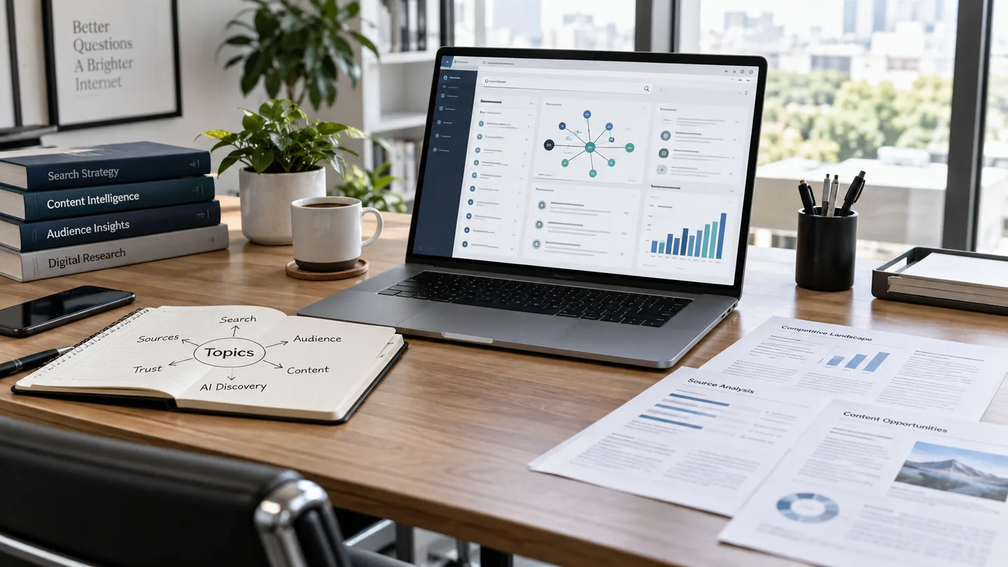 AI Search optimization workspace connecting customer questions, topics, sources and content evidence