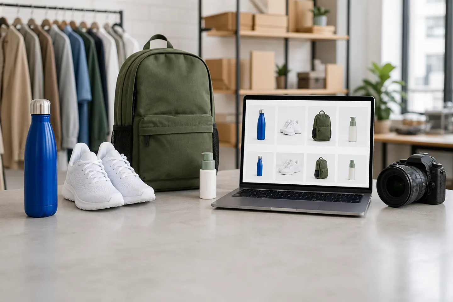 Product photography workspace with a backpack, shoes, bottle and laptop catalogue