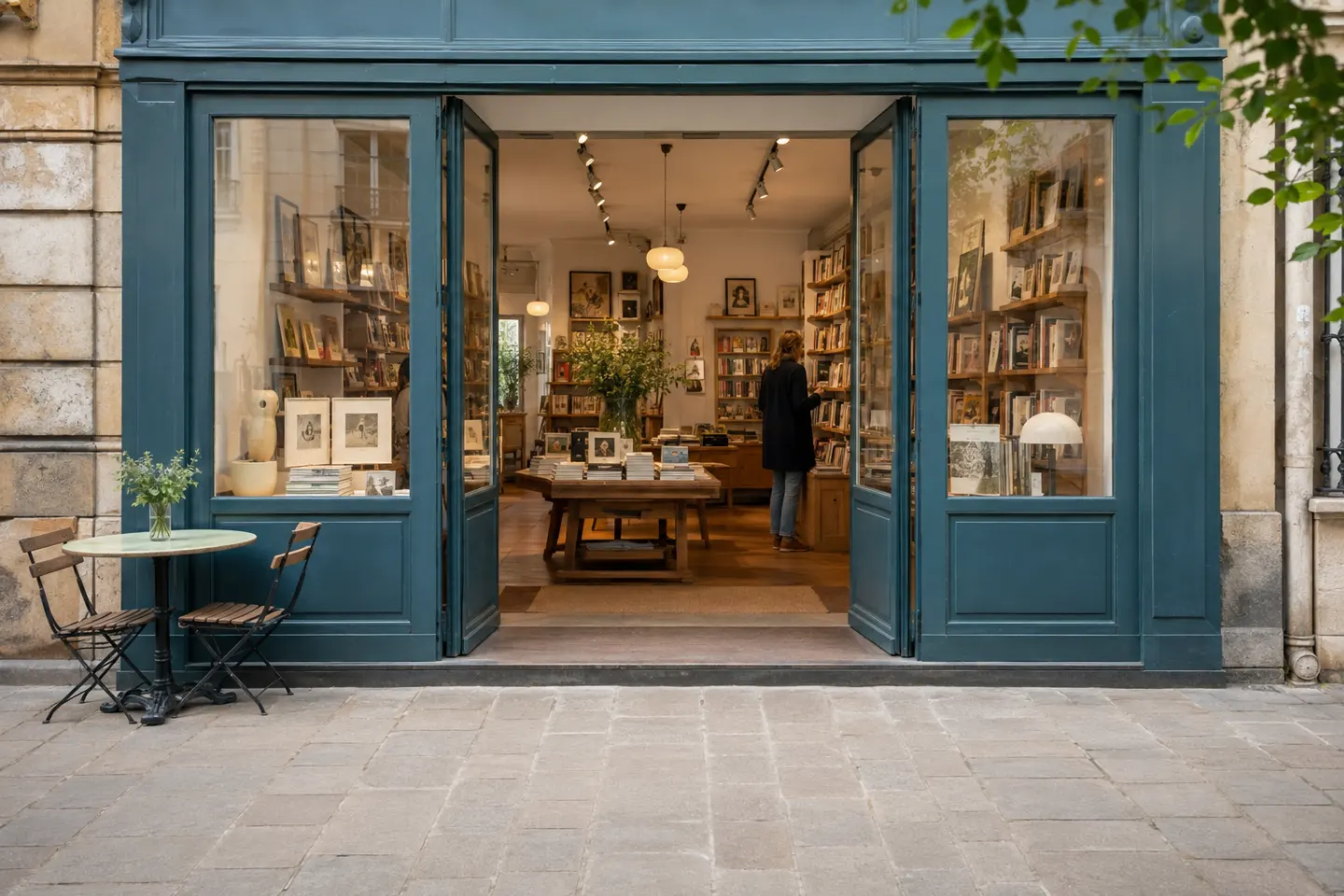 Open bookshop entrance with books and design objects in a French-style streetscape
