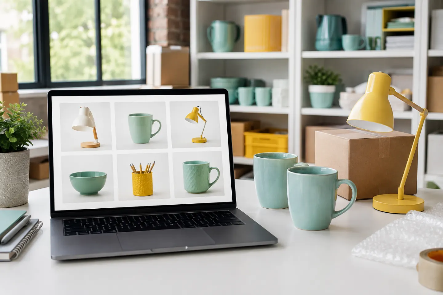 Homeware products beside a laptop displaying a visual product catalogue