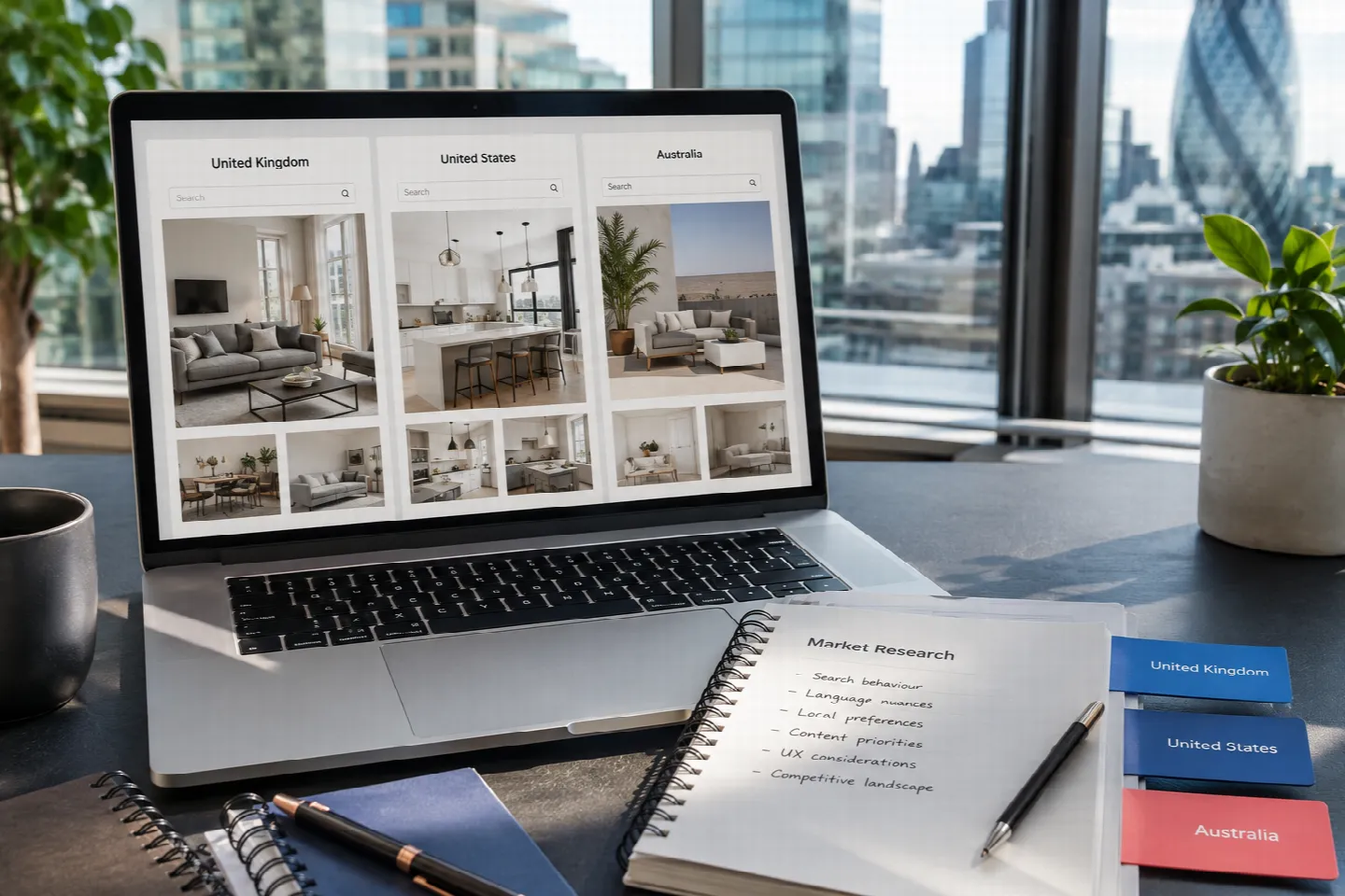 Country-specific website planning and market research on a workspace