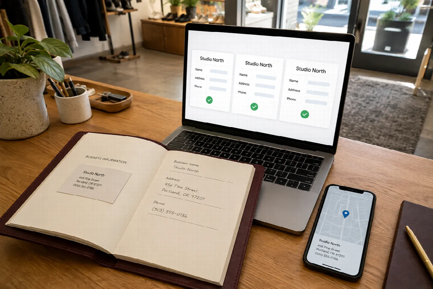 Business information reference sheet checked against listings on a laptop and phone