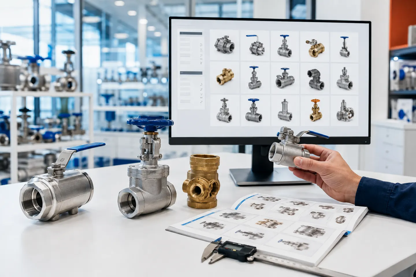 Industrial components displayed beside a digital product catalogue