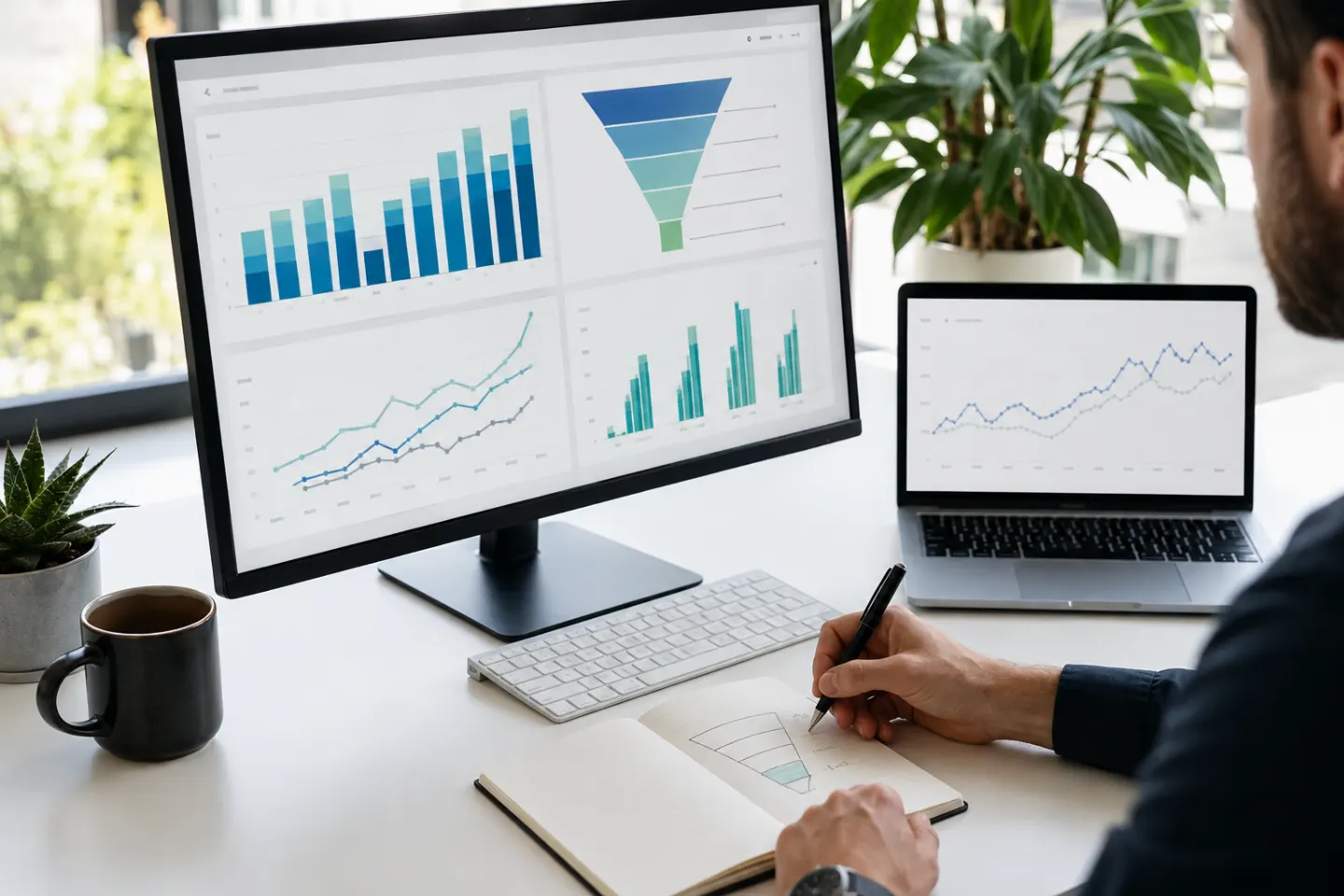 Analyst reviewing charts and a customer funnel across two screens