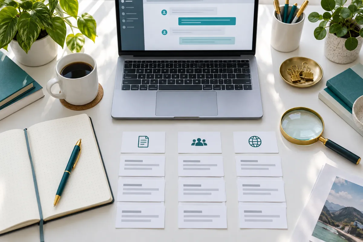 AI visibility research workspace with a laptop, source notes and business information cards