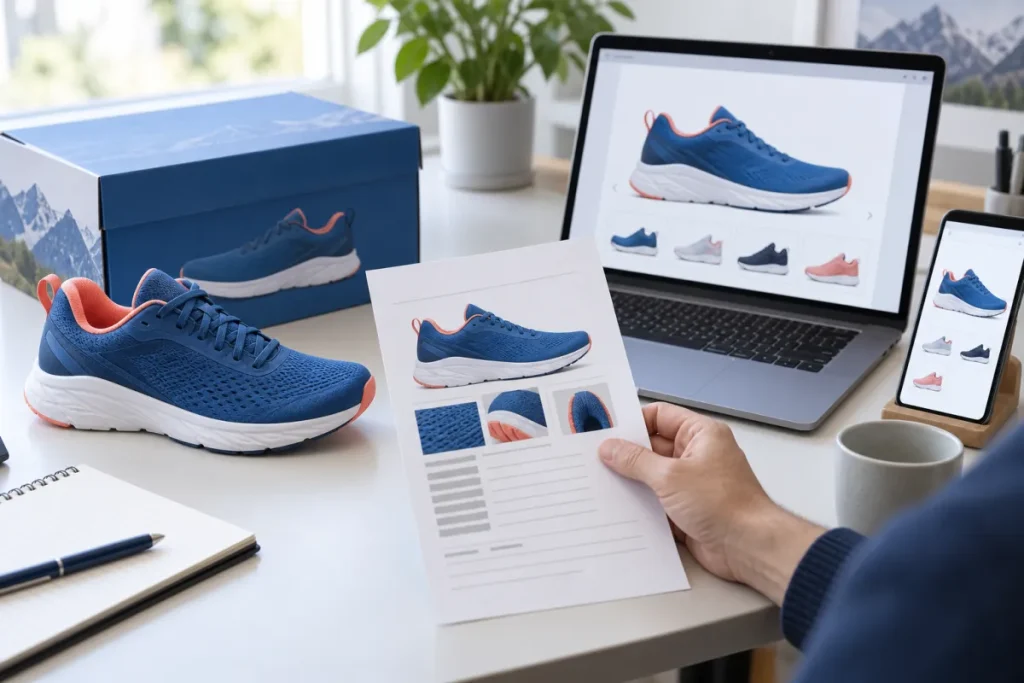 Running shoe compared with its online product listing and printed specifications