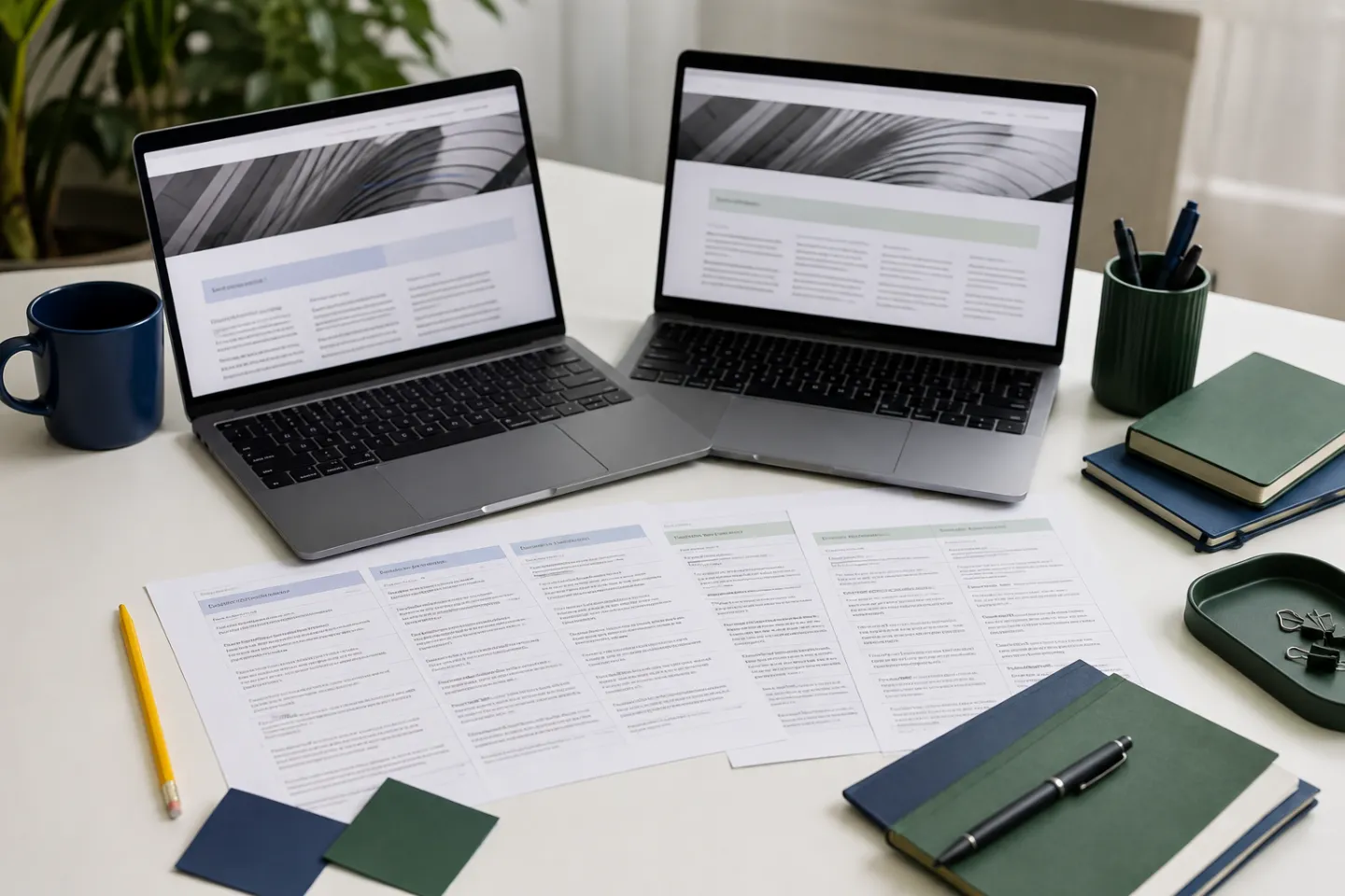 Two website layouts and editorial notes on a language planning desk