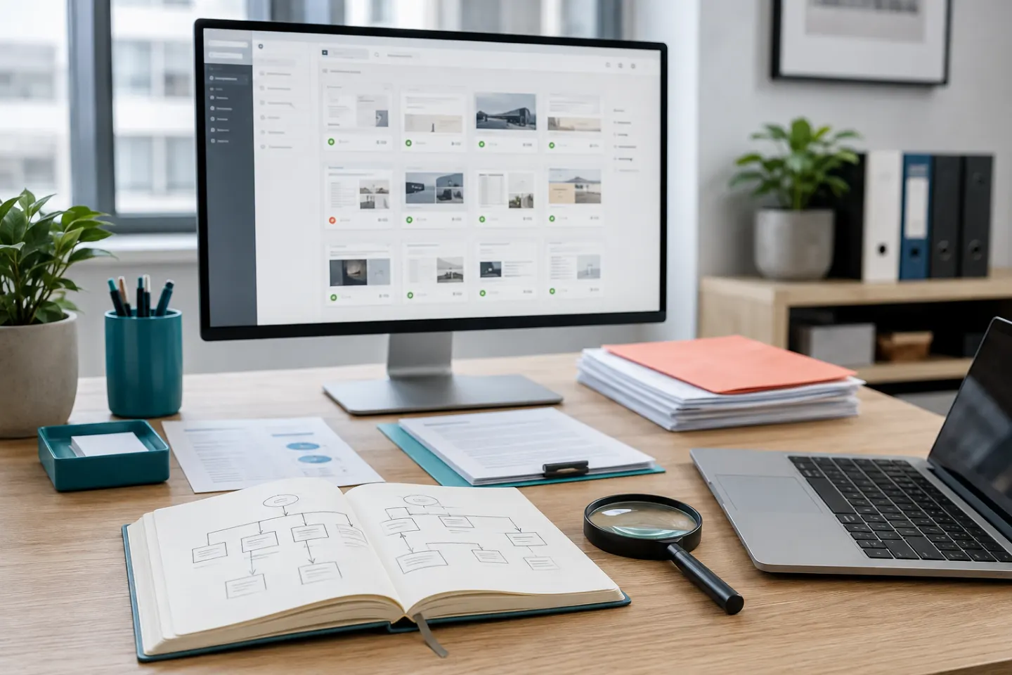 Website review workspace with a page audit screen, sitemap notes and organised documents