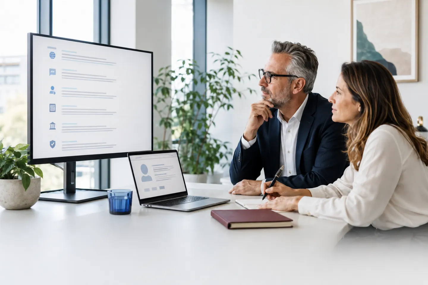 Business professionals reviewing search listings and a company profile in an office