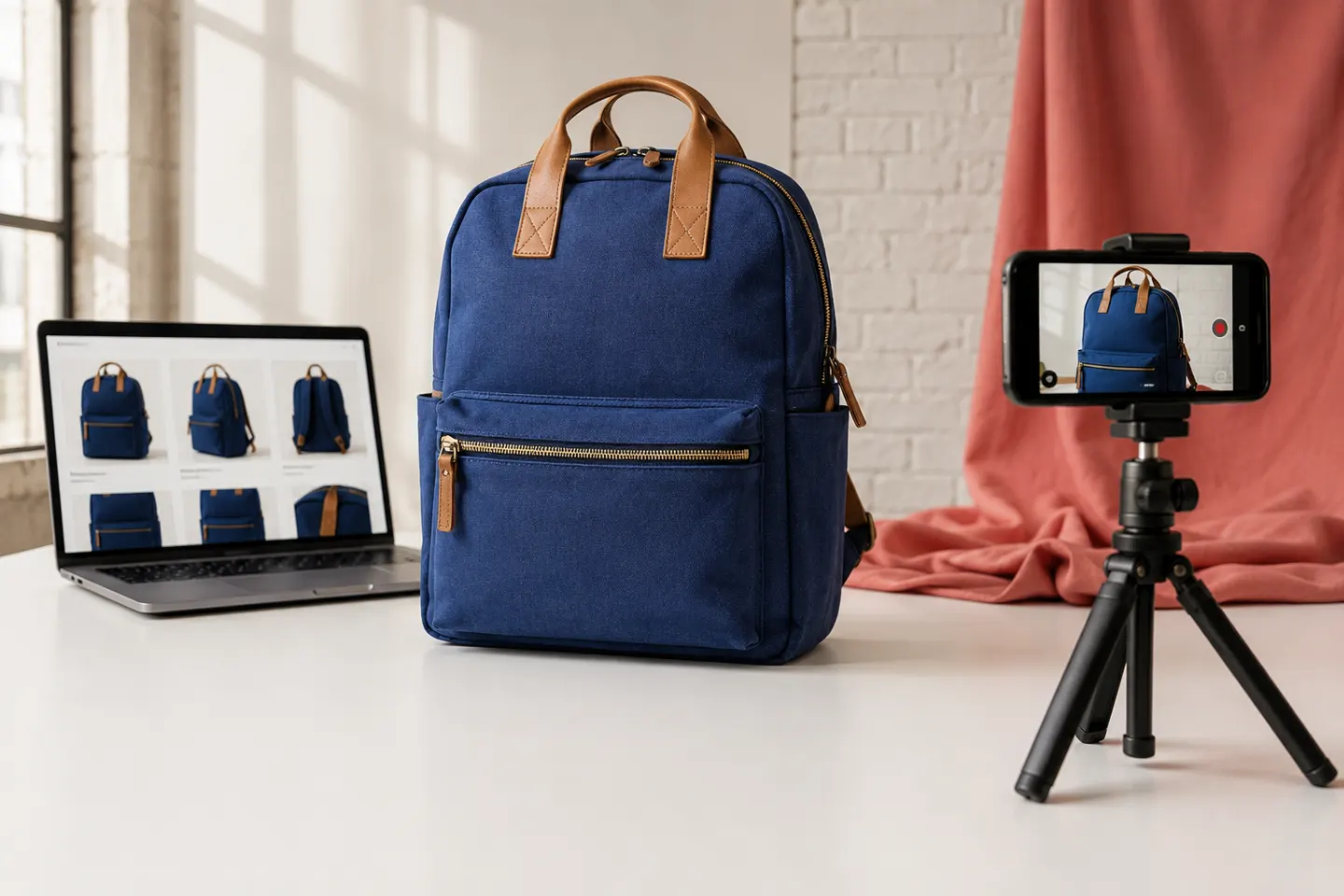 Blue backpack beside a laptop catalogue and a phone filming product detail
