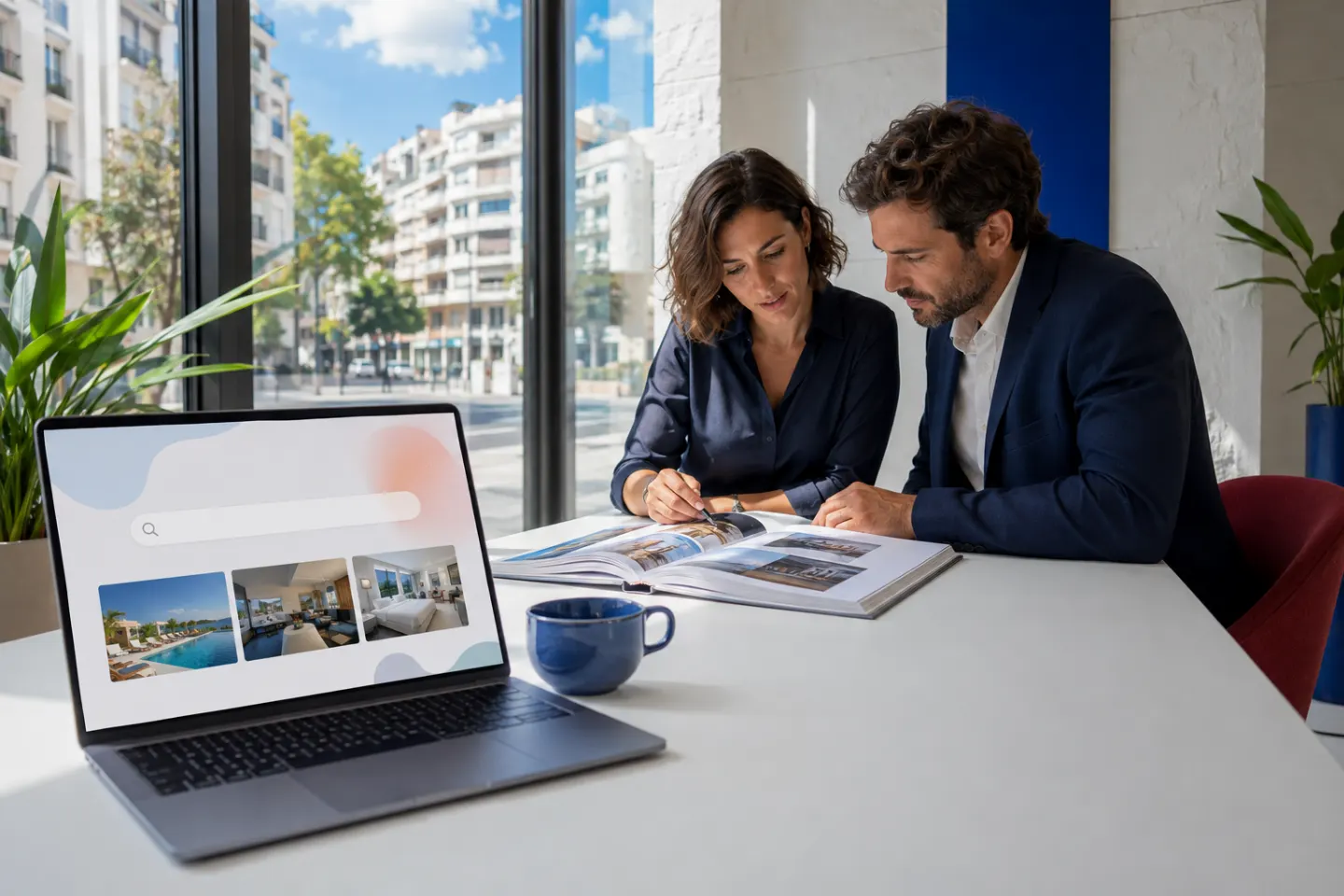 Business colleagues reviewing a travel portfolio beside a laptop in a bright urban workspace