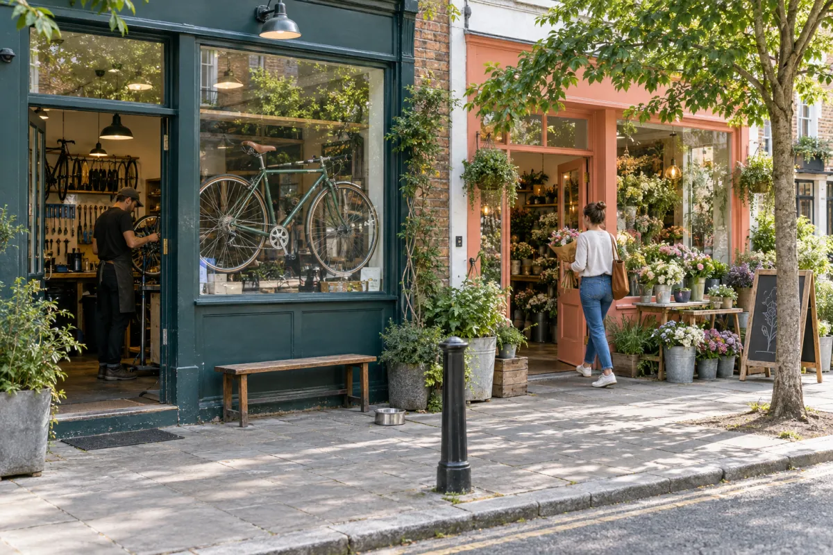 Two distinct neighbourhood shopfronts along a walkable urban street