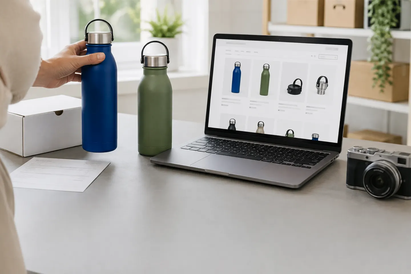 Online retailer preparing product photography beside a laptop catalogue