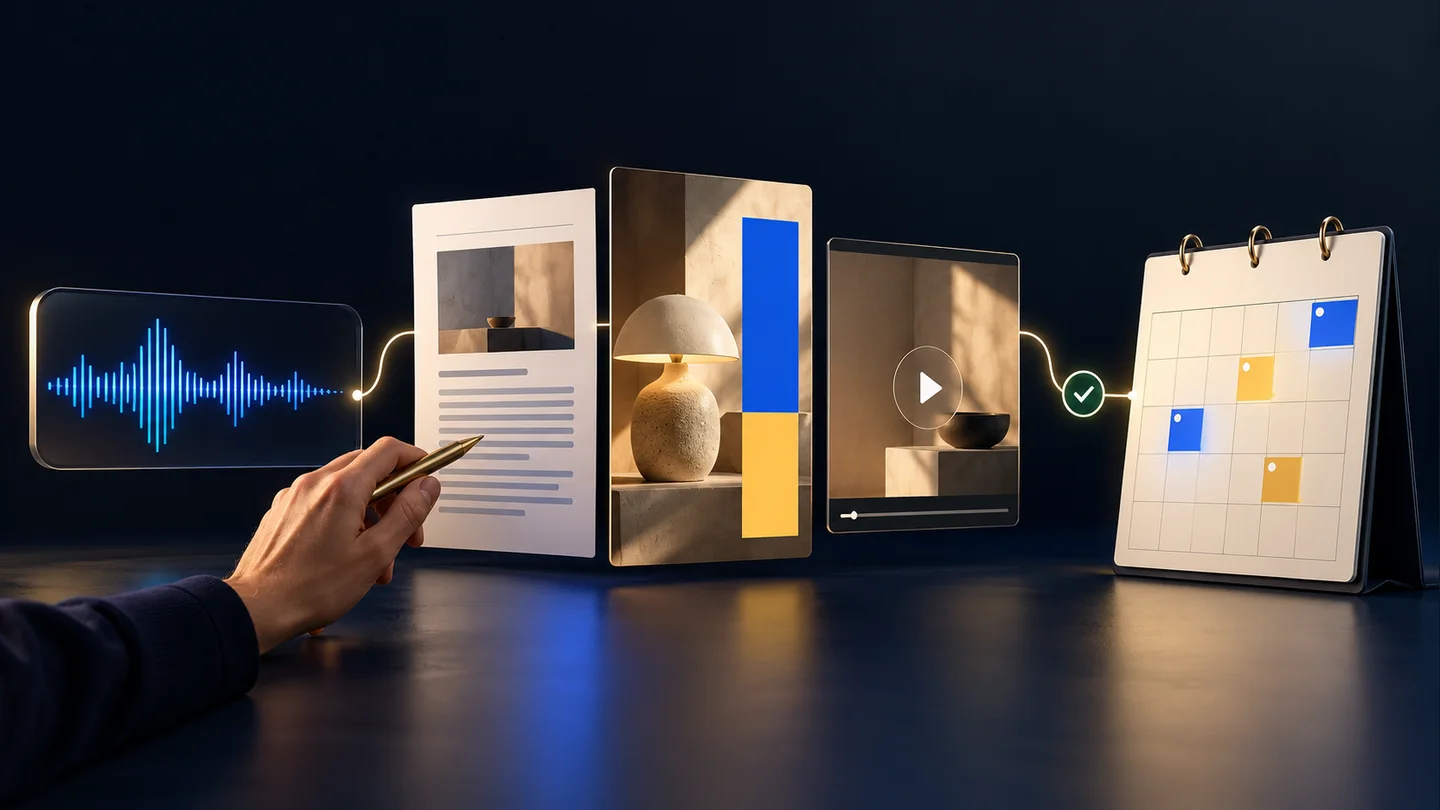 A source recording connected to article, social graphic and video outputs, with an approval stage before the publishing calendar.