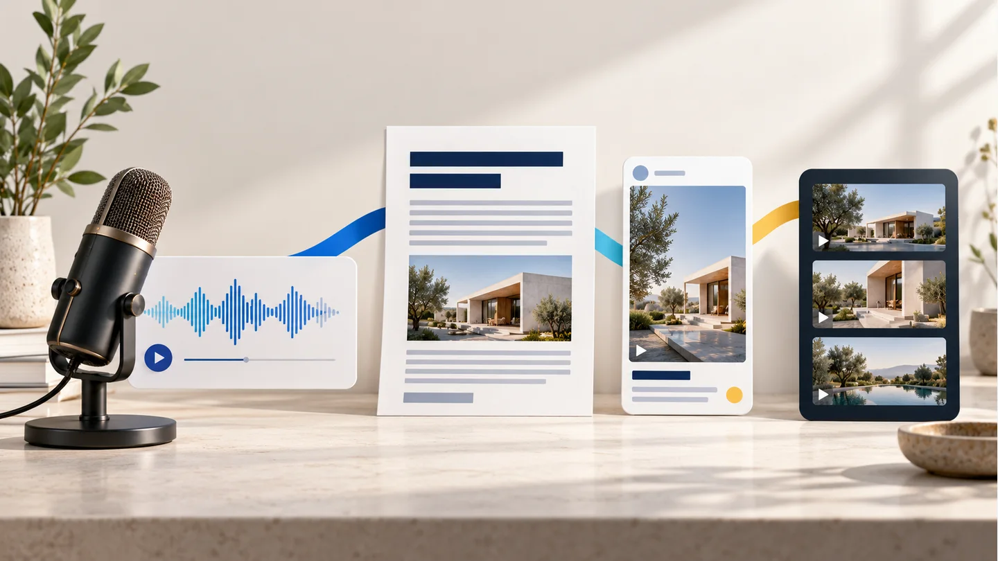 A microphone and recording alongside an article, a portrait social post and a video storyboard, illustrating repurposing from one source.