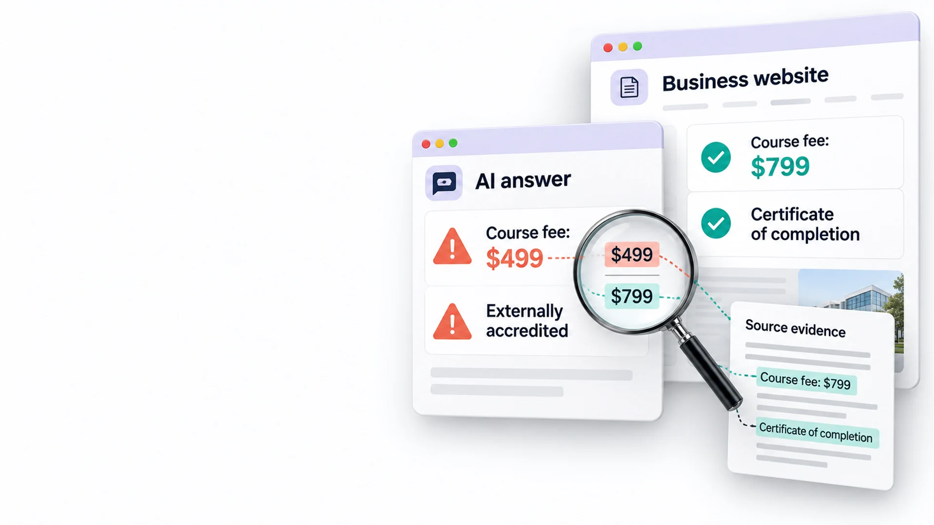 AI fact-checking concept: a $499 accreditation claim compared with website facts showing $799 and a completion certificate.