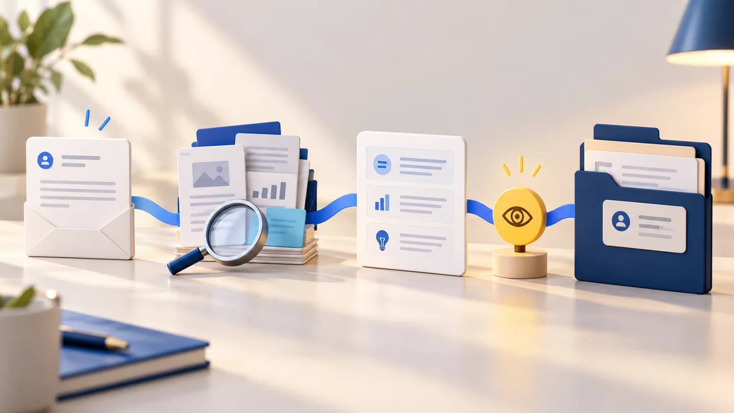 An incoming enquiry, approved business files and a prepared briefing move through a review gate to an organised handoff folder.