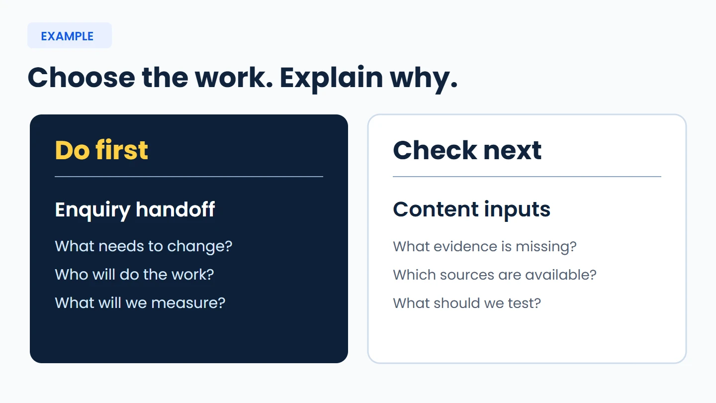 Example priority worksheet comparing an enquiry handoff, content preparation and reporting connection by the decision, work involved and evidence needed.