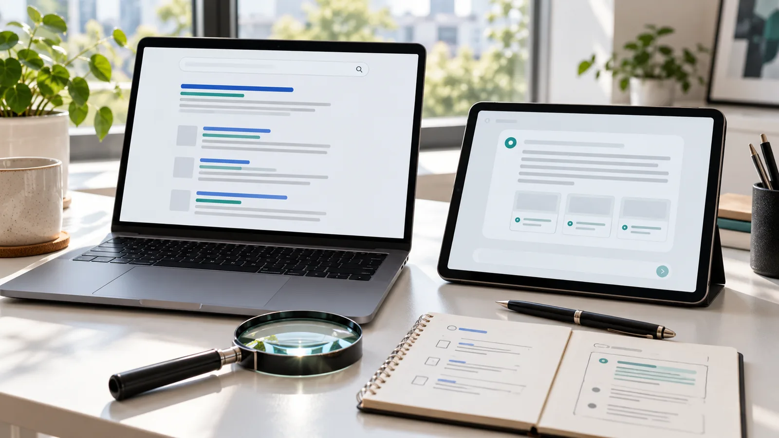 Laptop search results and a tablet answer interface beside notes for comparing sources.