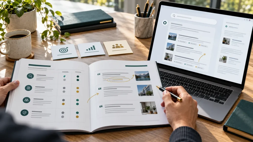 Illustrative audit workspace with a laptop answer interface, comparison report and priority notes.